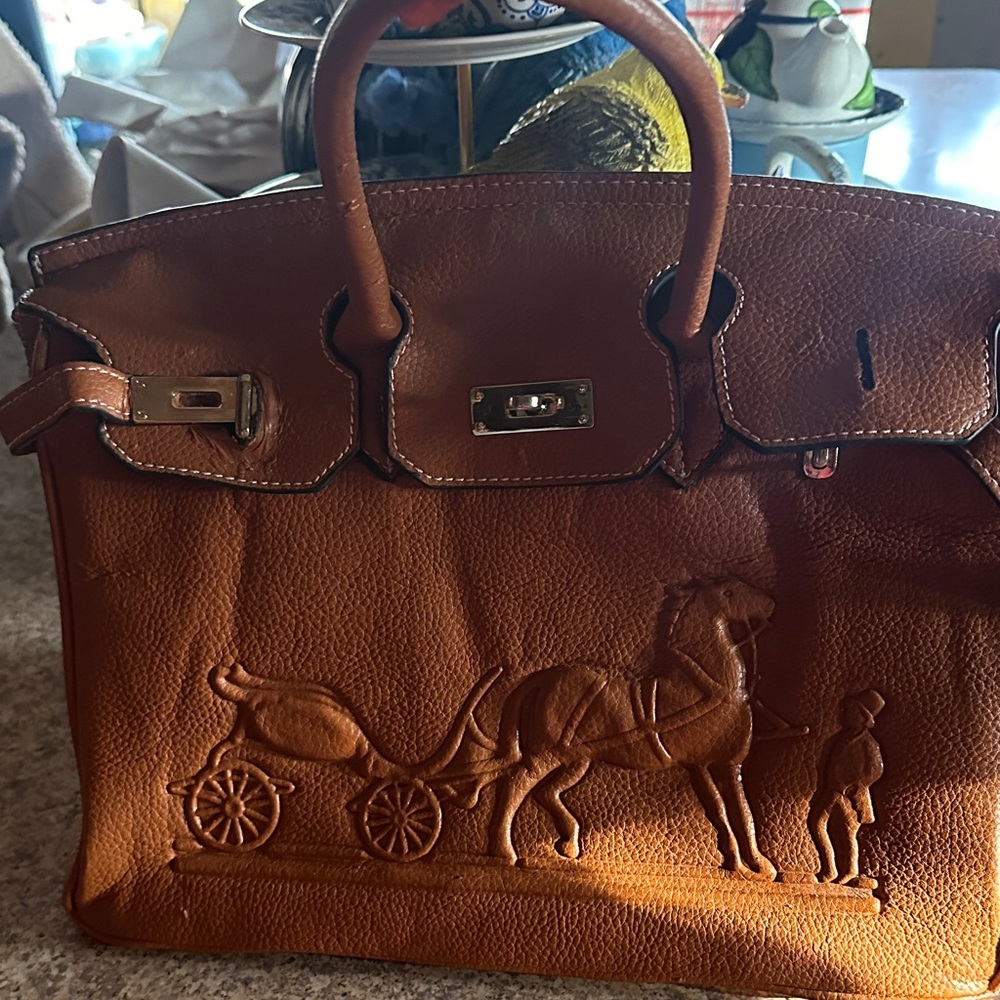 Embossed Brown Leather Handbag
